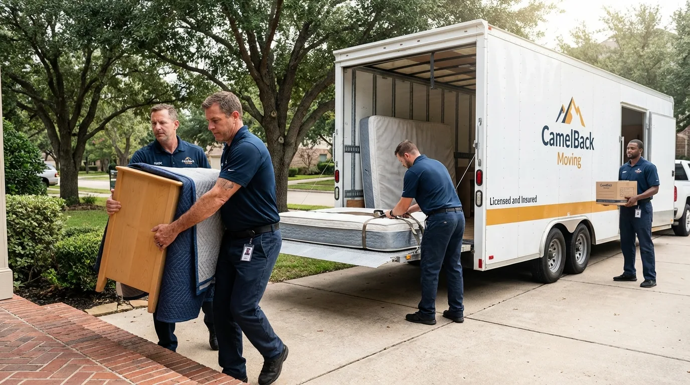 Crew loading residential truck for cross-state move from Fairfax, OK