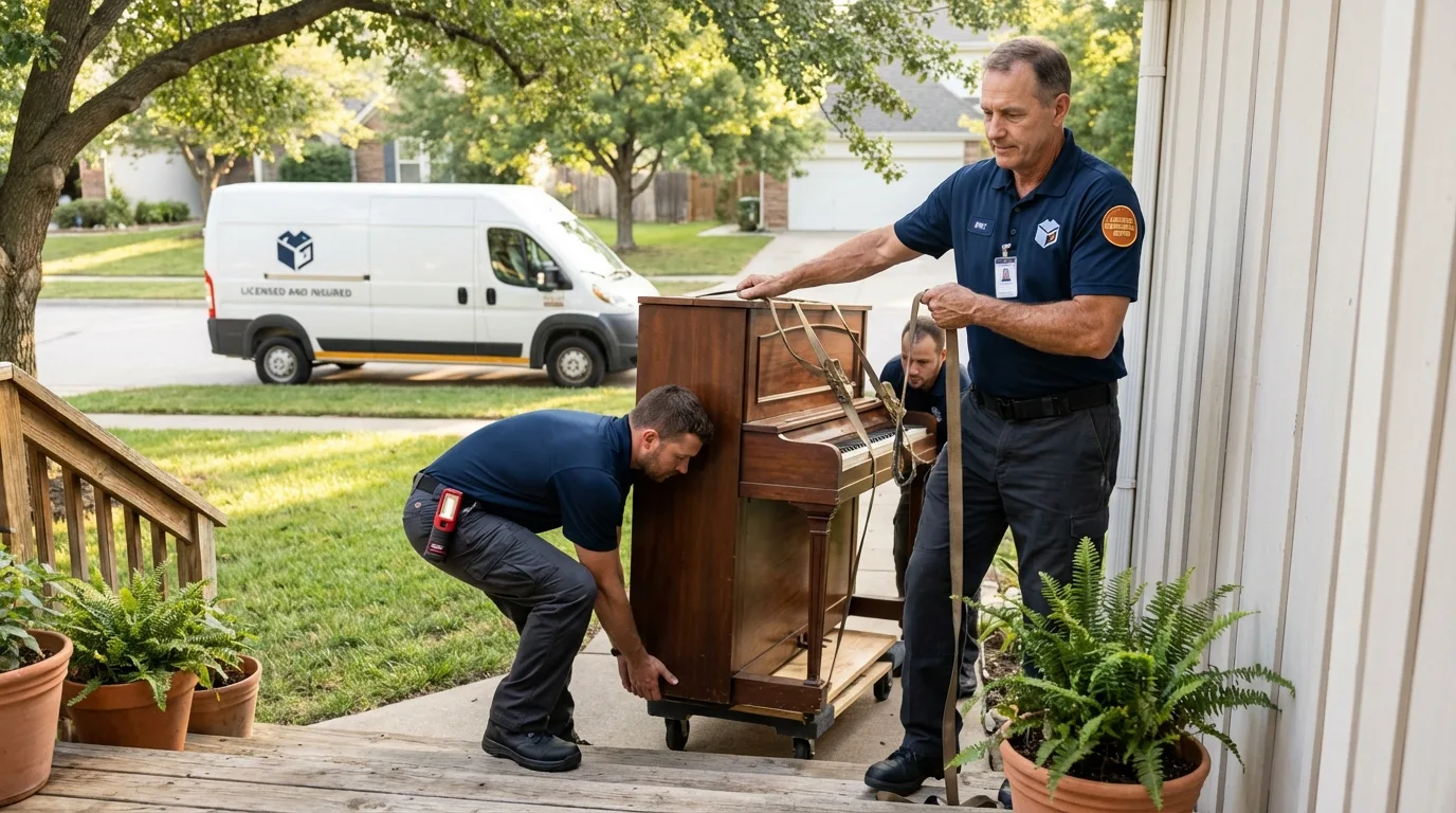 Licensed piano movers securing grand piano in Fairfax, OK