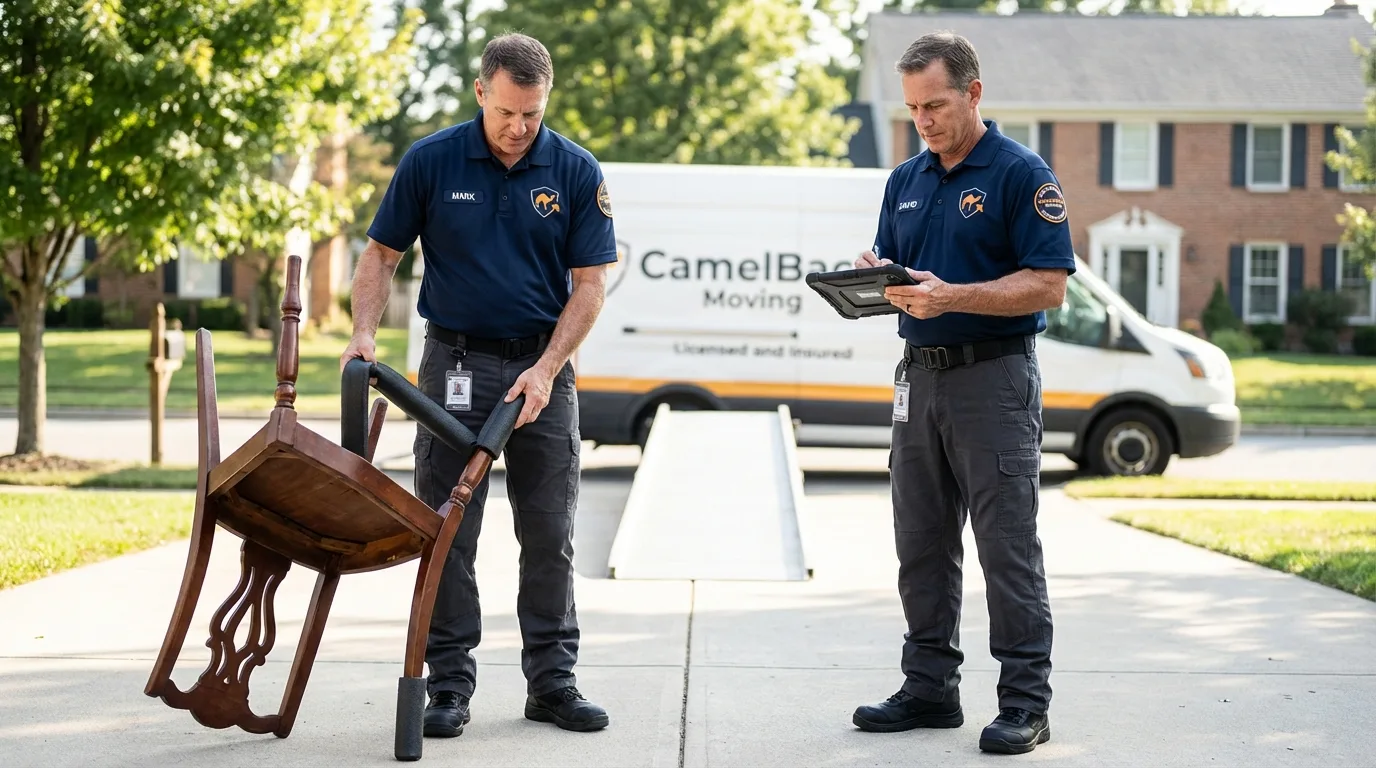 Movers inspecting furniture for damage prevention before loading in Fairfax, OK